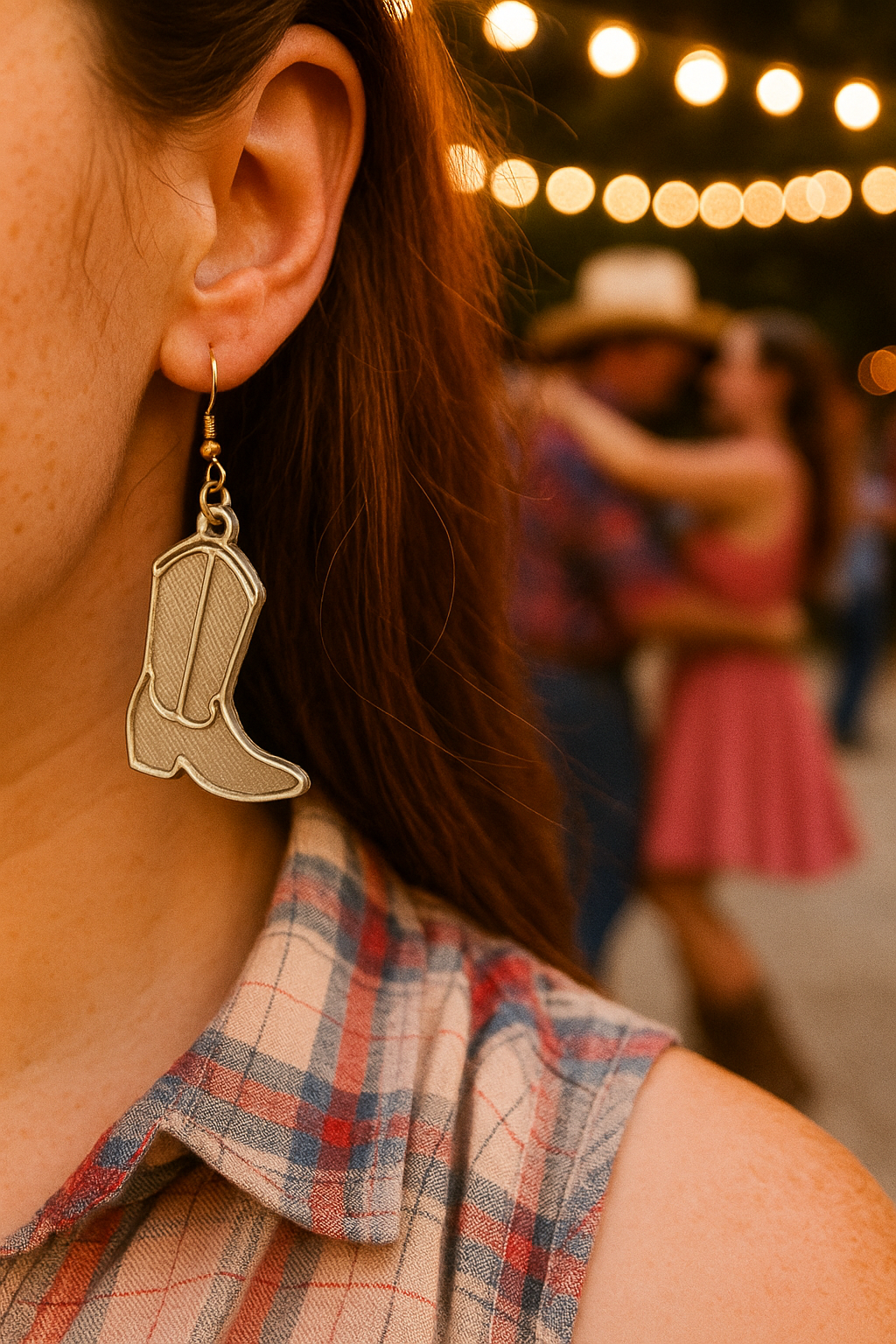 Cowboy boot earring worn lifestyle shot at dance
