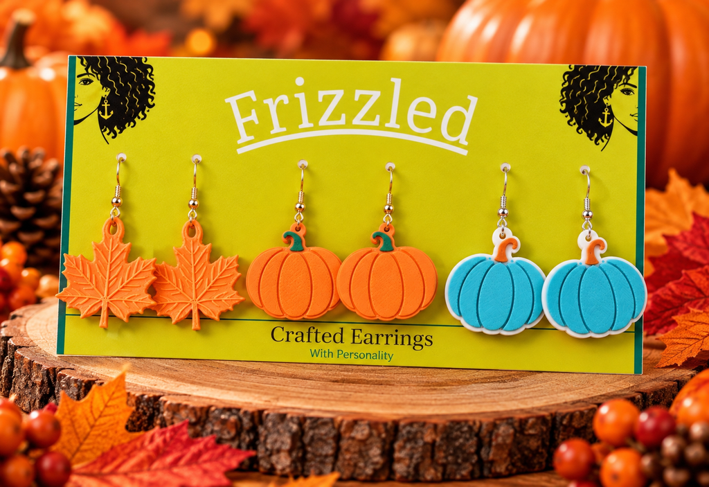 Autumn Trio - Copper Leaf, Orange & Blue Pumpkin Earrings